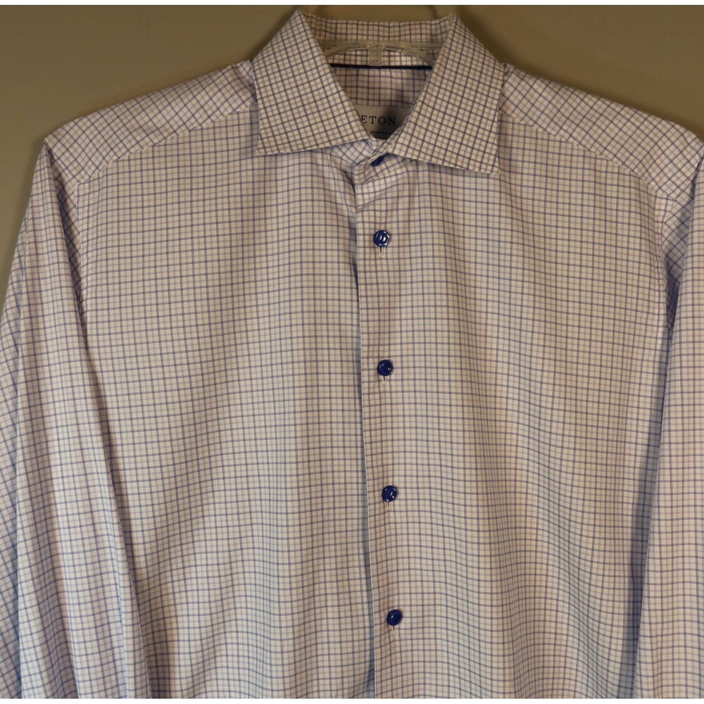 Eton Contemporary Dress Shirt Mens Size Large White/Blue Plaid Button Up - Picture 6 of 11